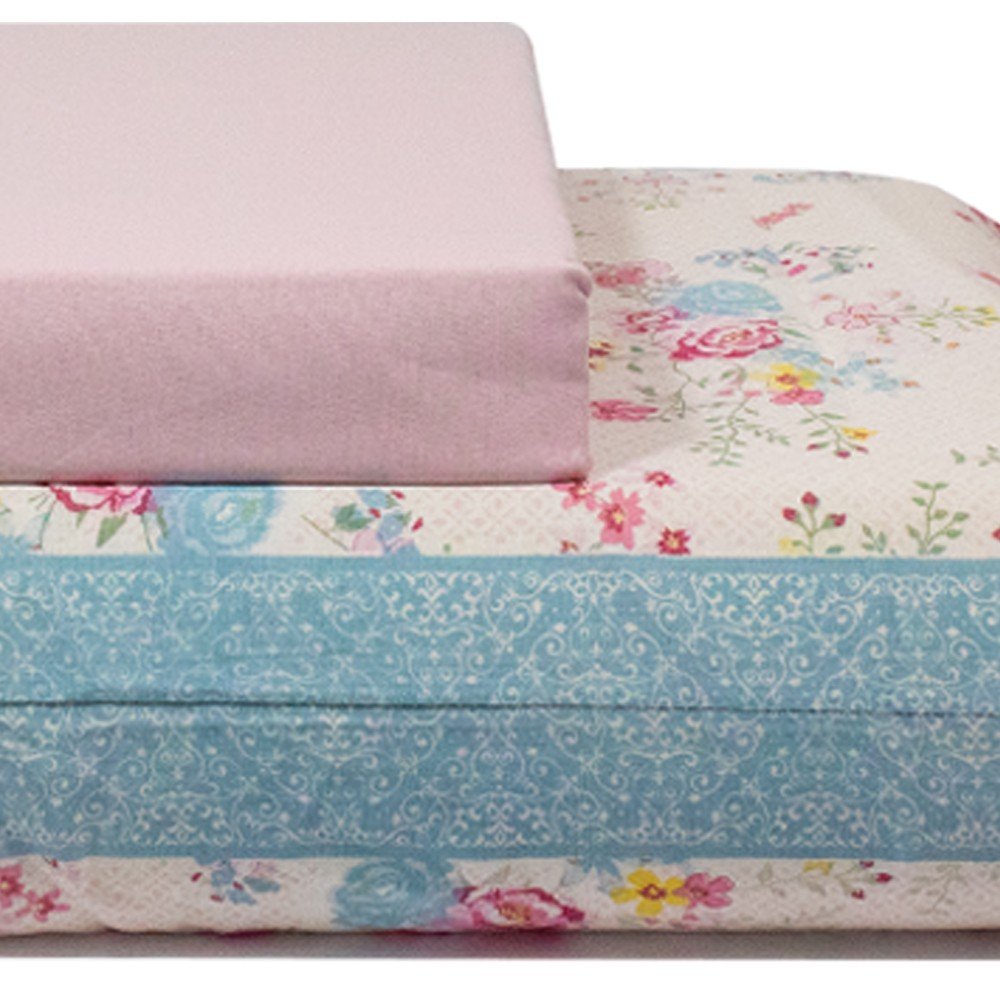 jogo de cama flores coloridas lencol rosa claro 3
