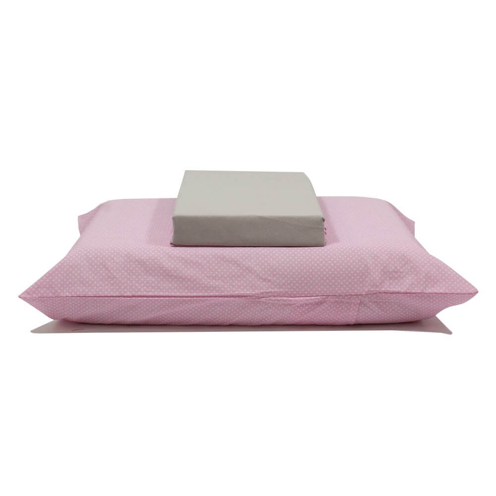 jogo de cama bolinhas rosa lencol cinza 1