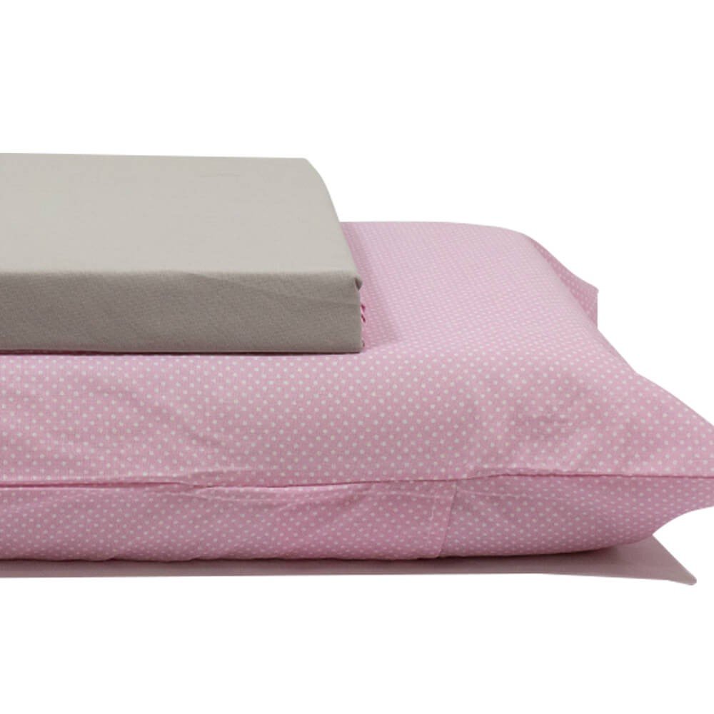 jogo de cama bolinhas rosa lencol cinza 2
