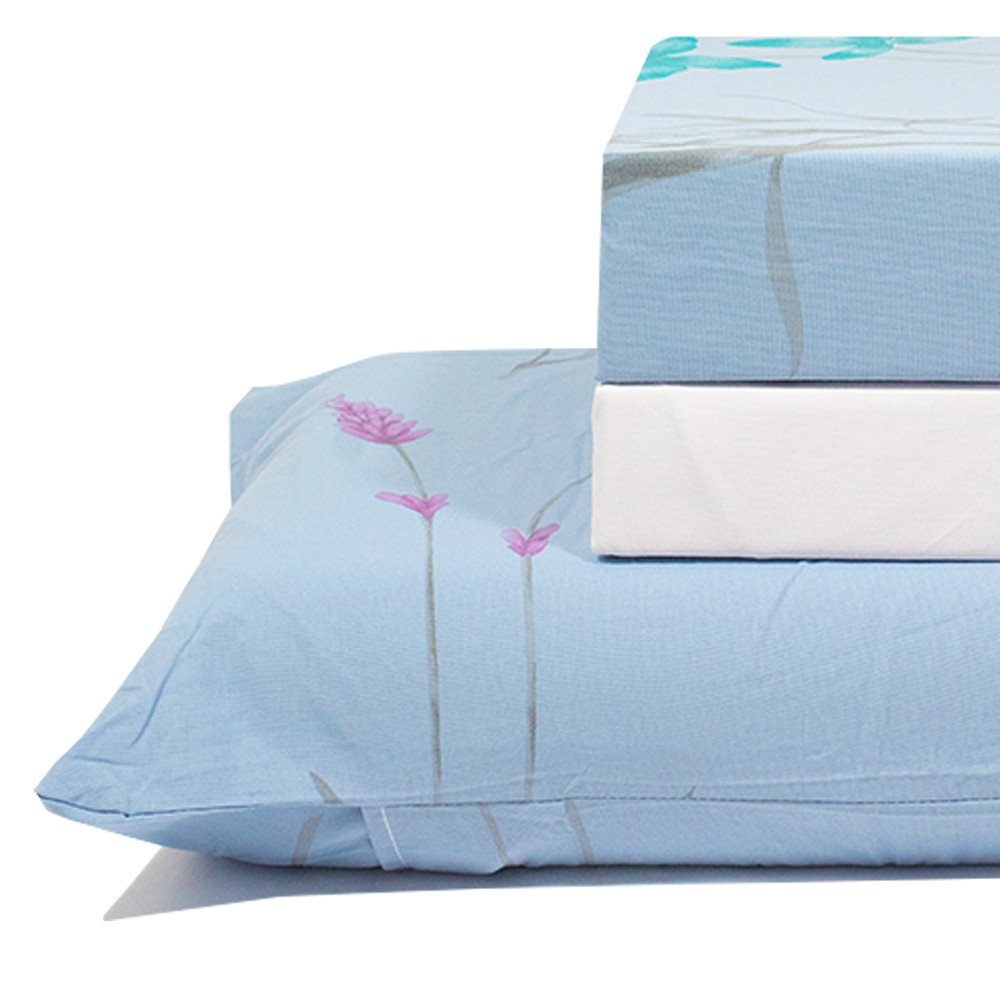 jogo de cama folhas azul lencol branco 2