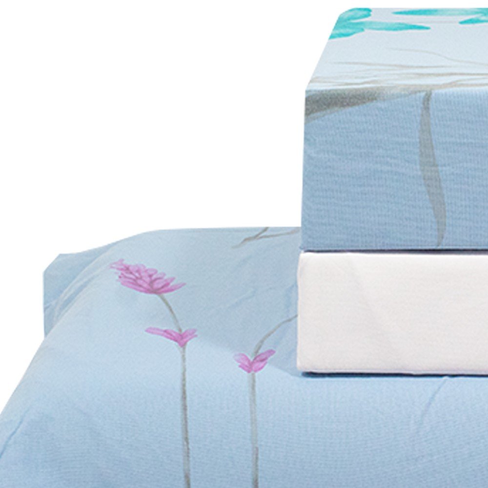 jogo de cama folhas azul lencol branco 3