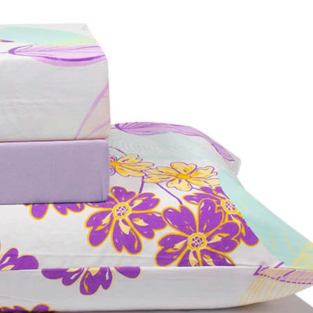 jogo de cama flores e folhas branco lencol lilas 3